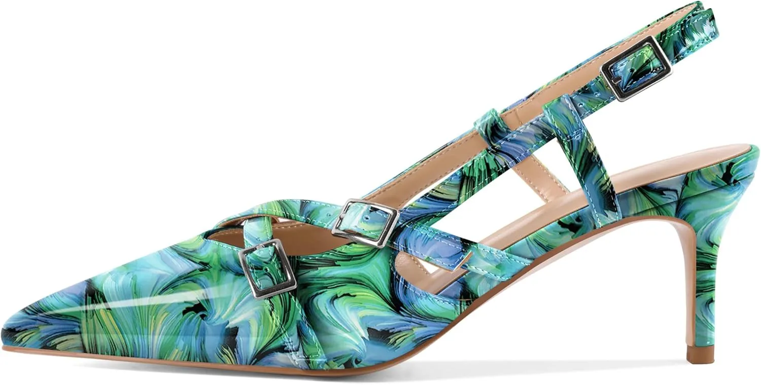 Women's Slingback Kitten Heels Buckle Strap Work Pumps Pointed Toe Sandals Slip On Comfortable 2.5 Inch Dress Shoes