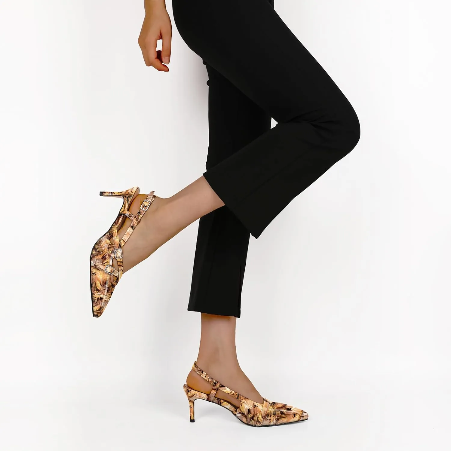 Women's Slingback Kitten Heels Buckle Strap Work Pumps Pointed Toe Sandals Slip On Comfortable 2.5 Inch Dress Shoes