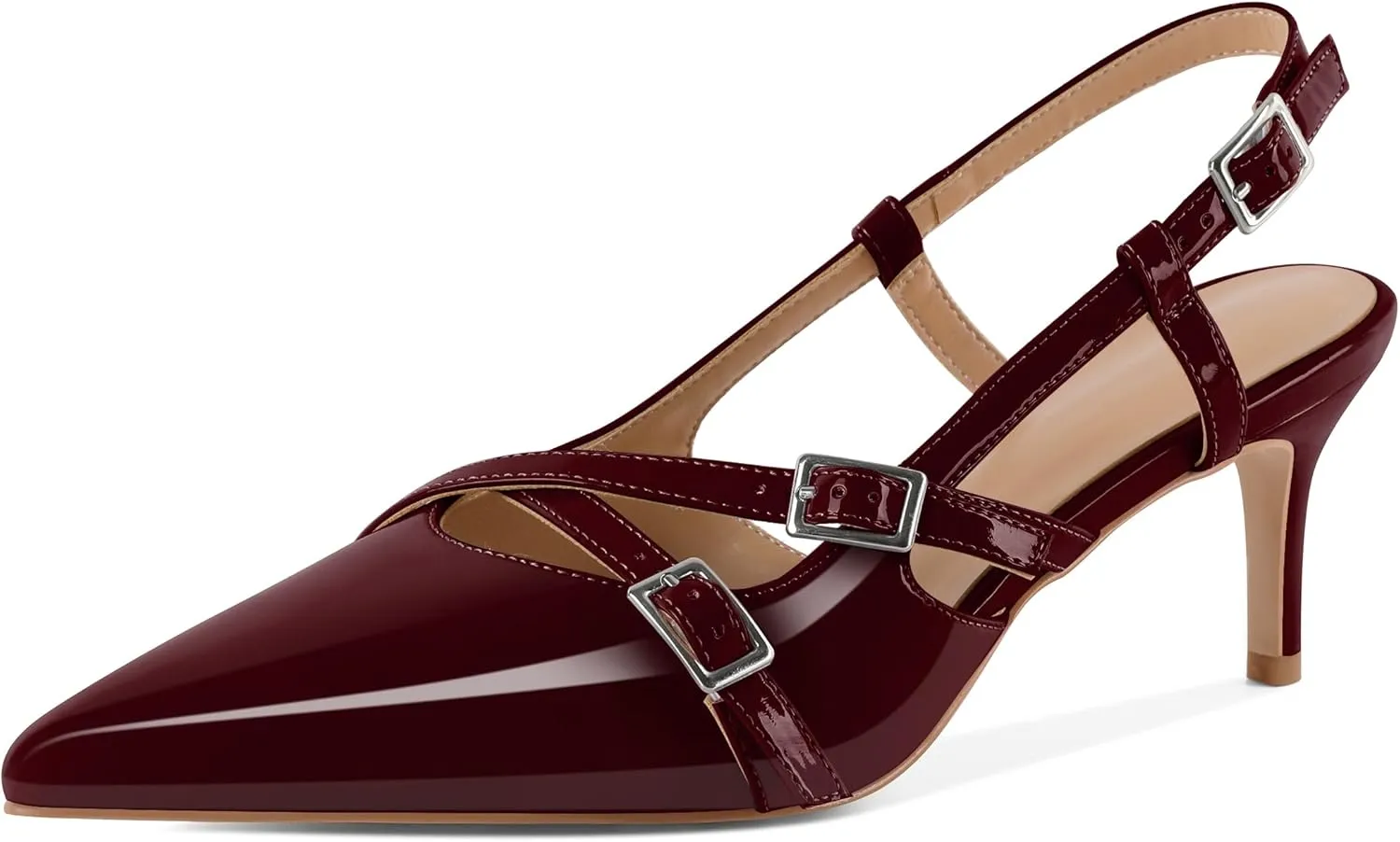 Women's Slingback Kitten Heels Buckle Strap Work Pumps Pointed Toe Sandals Slip On Comfortable 2.5 Inch Dress Shoes