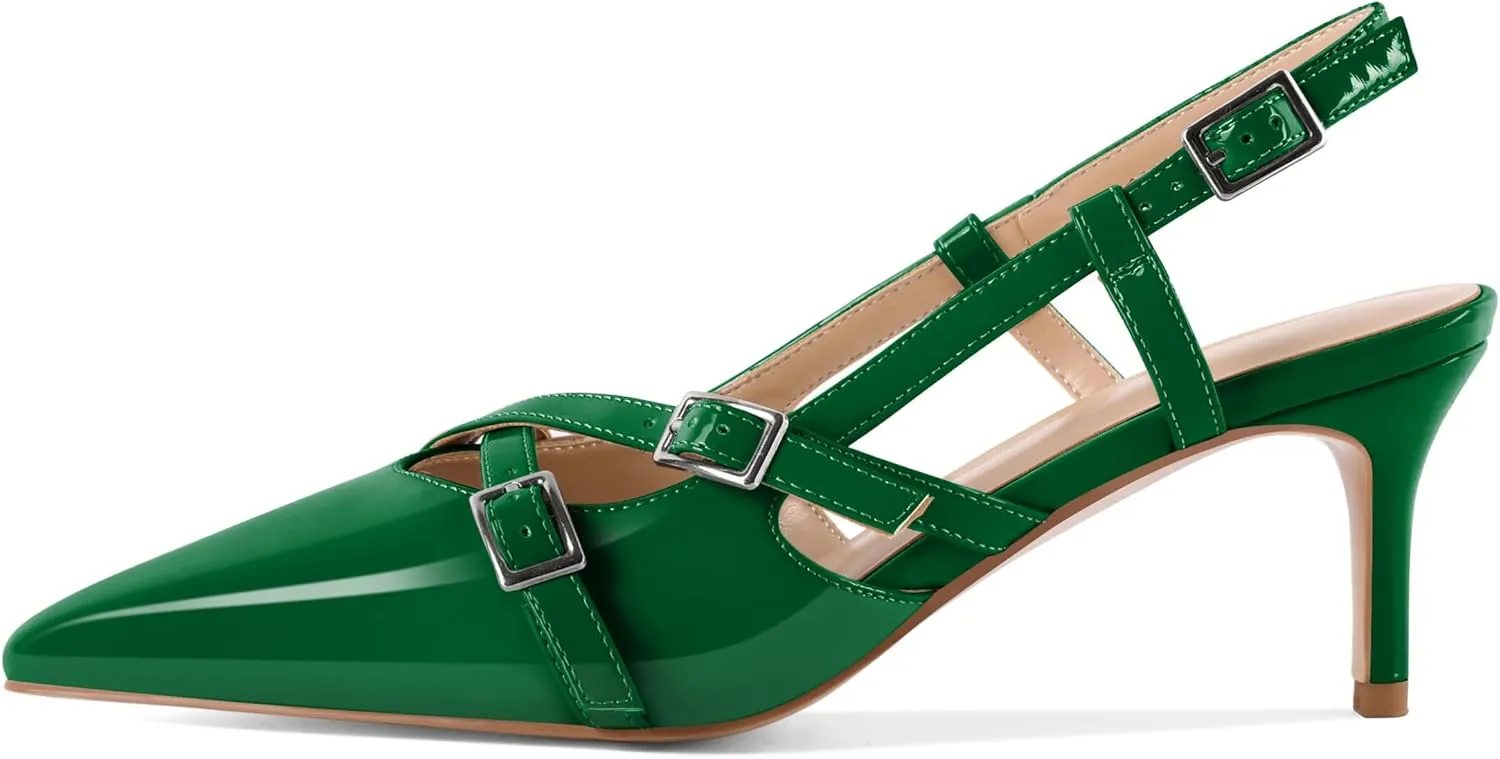 Women's Slingback Kitten Heels Buckle Strap Work Pumps Pointed Toe Sandals Slip On Comfortable 2.5 Inch Dress Shoes