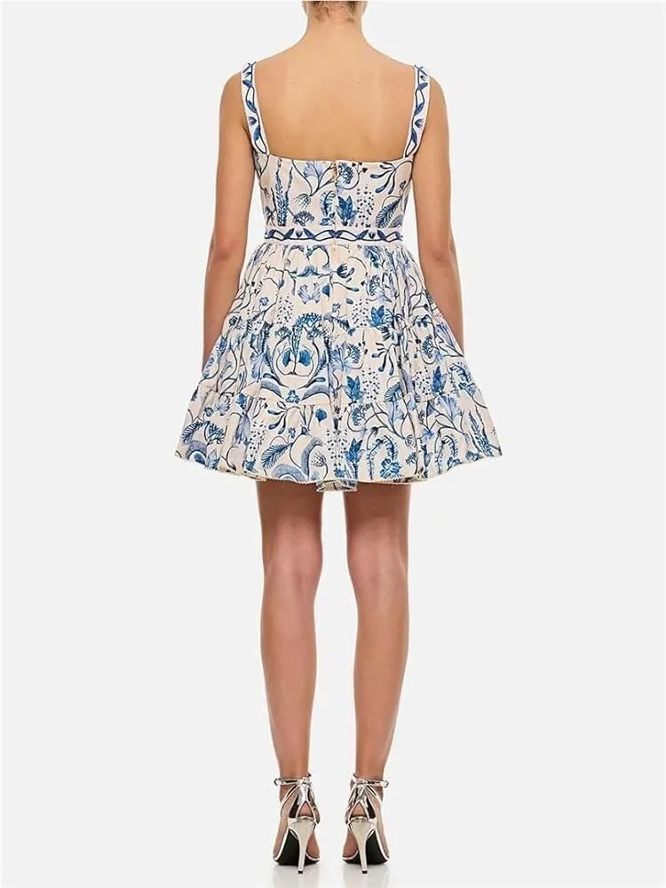 Women's Square Neck Sleeveless Mini Dress High Waist Slim Fit Hit Color Print Casual Summer Dress