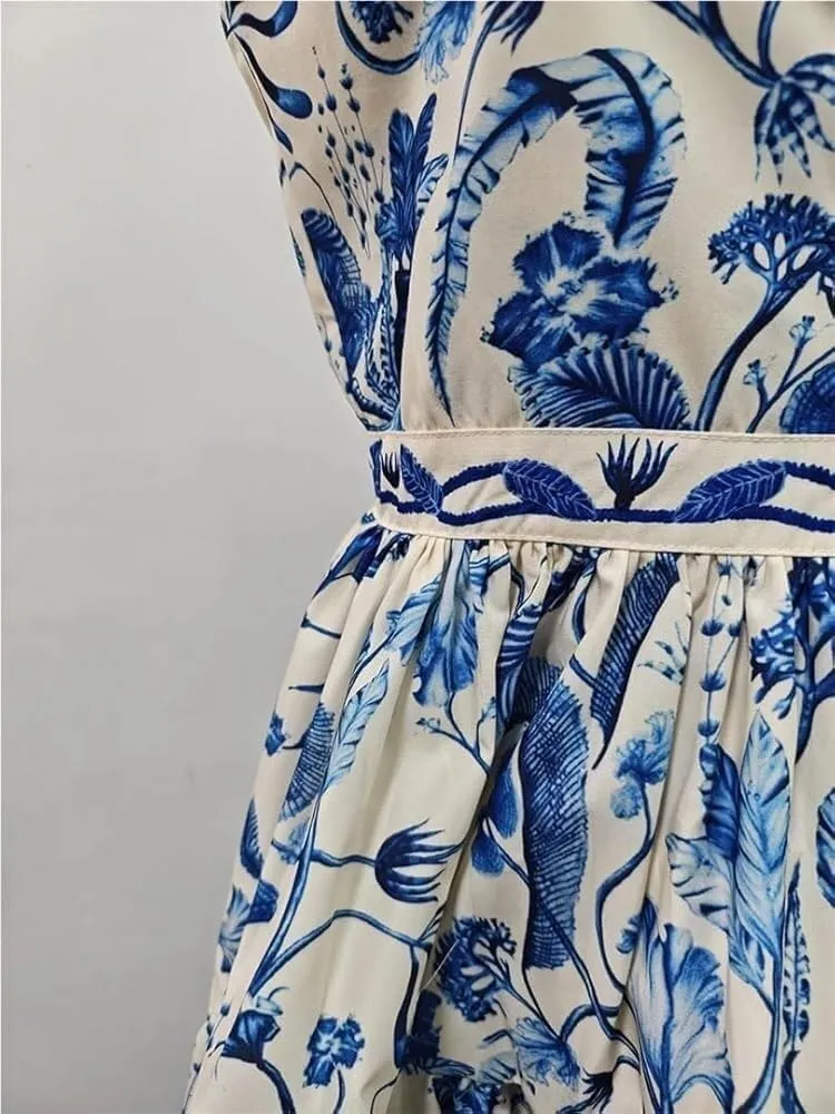 Women's Square Neck Sleeveless Mini Dress High Waist Slim Fit Hit Color Print Casual Summer Dress