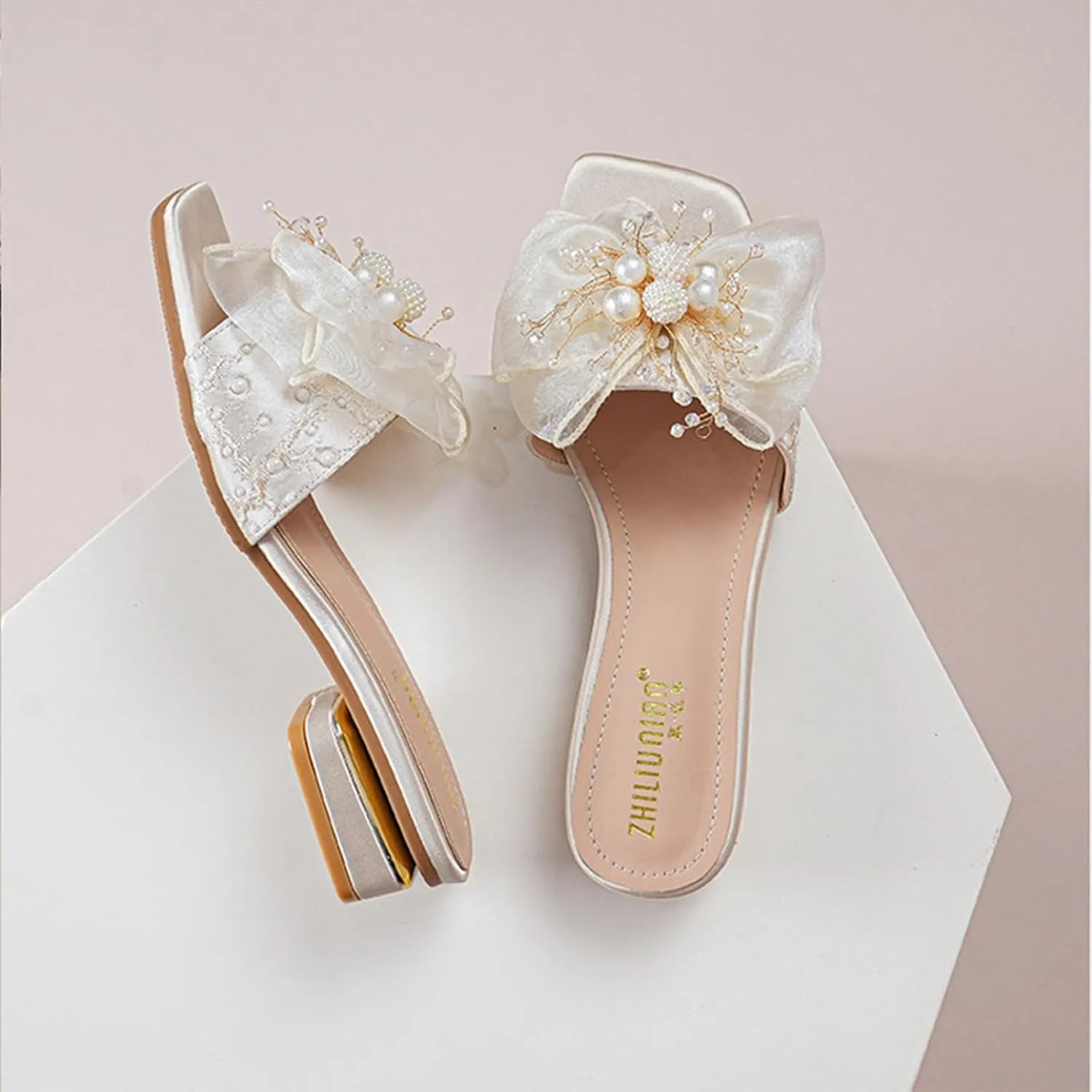 Women's Square Open Toe Lace Bow Flat Sandals with Pearl Decor Slip on Summer Fashion Comfy Dressy Slide Sandals Outdoor Cork Foot Bed Beach Walking Slippers