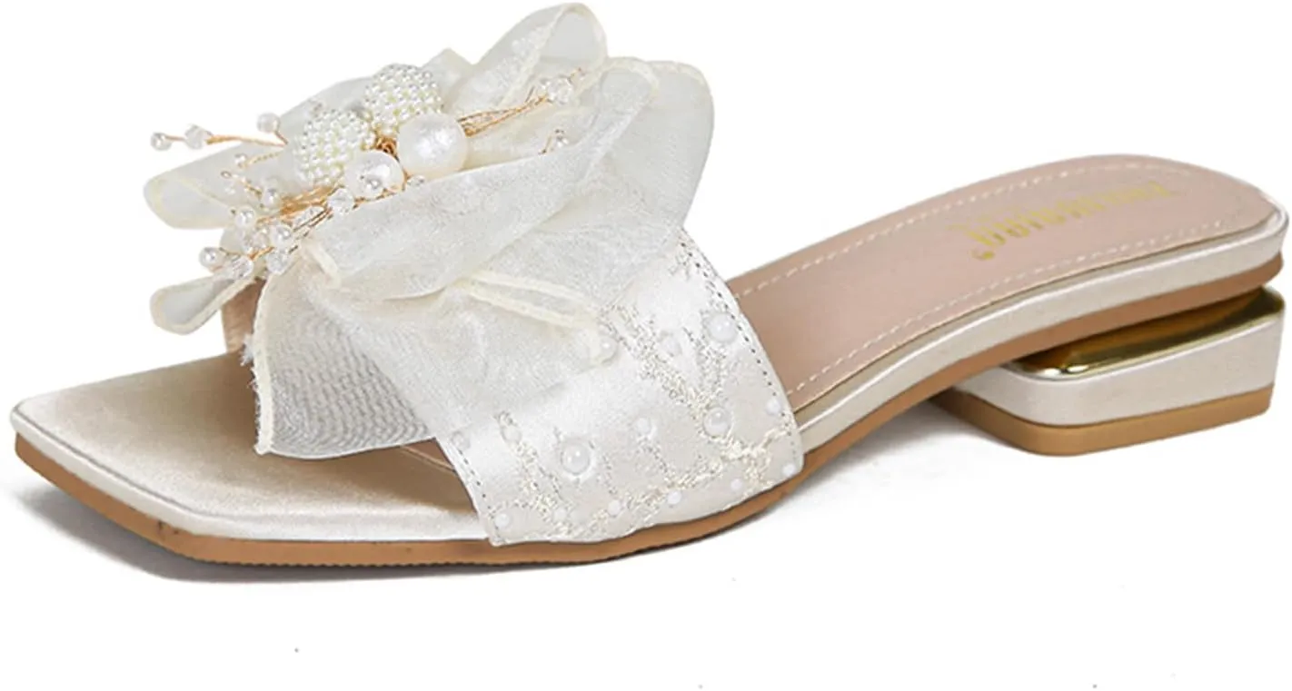 Women's Square Open Toe Lace Bow Flat Sandals with Pearl Decor Slip on Summer Fashion Comfy Dressy Slide Sandals Outdoor Cork Foot Bed Beach Walking Slippers