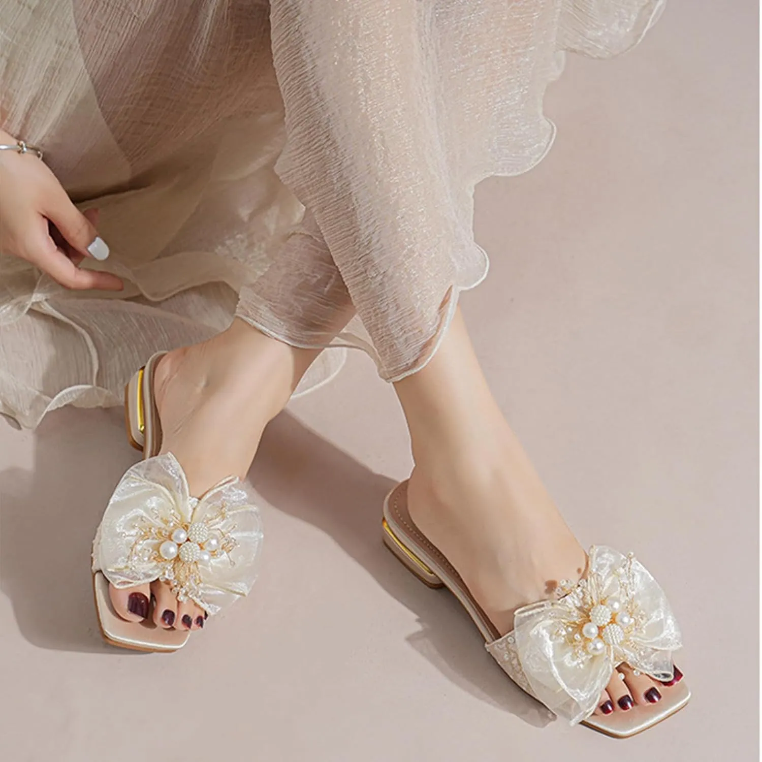 Women's Square Open Toe Lace Bow Flat Sandals with Pearl Decor Slip on Summer Fashion Comfy Dressy Slide Sandals Outdoor Cork Foot Bed Beach Walking Slippers