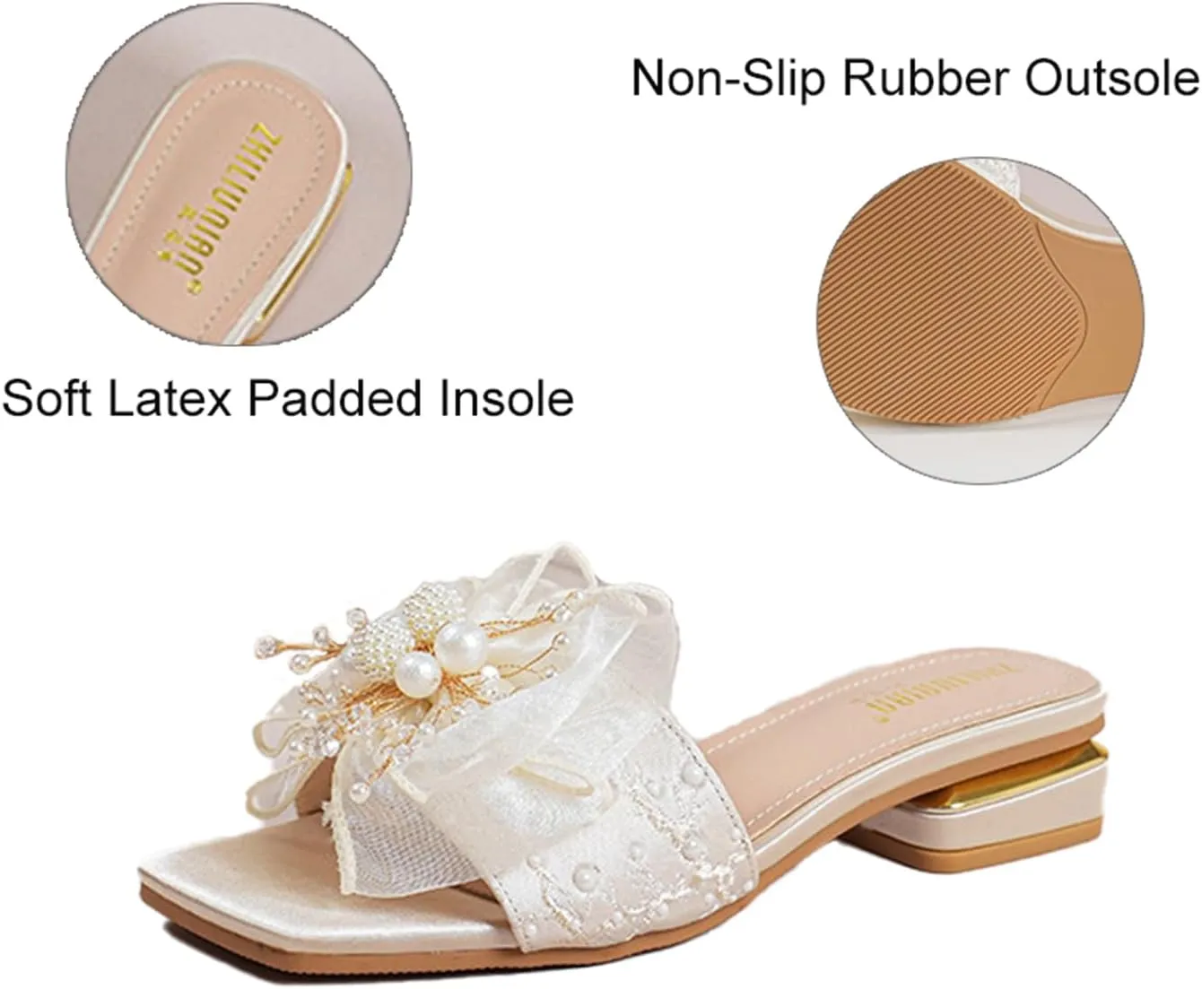 Women's Square Open Toe Lace Bow Flat Sandals with Pearl Decor Slip on Summer Fashion Comfy Dressy Slide Sandals Outdoor Cork Foot Bed Beach Walking Slippers