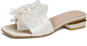 Women's Square Open Toe Lace Bow Flat Sandals with Pearl Decor Slip on Summer Fashion Comfy Dressy Slide Sandals Outdoor Cork Foot Bed Beach Walking Slippers