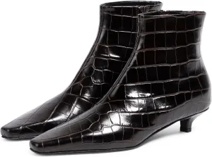 Women's Square Toe Kitten Heel Ankle Boots Fashion Crocodile Side Zipper Heeled Booties Fall Winter Office Dressy Low Heel Booties for Ladies