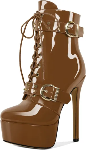 Womens Stiletto High Heel Platform Ankle Boots Round Toe Lace-up Zipper Mid Calf Buckle Patent Leather 6 Inch Sexy Booties