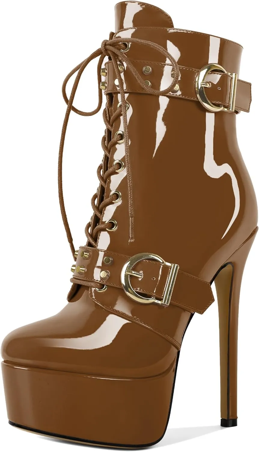 Womens Stiletto High Heel Platform Ankle Boots Round Toe Lace-up Zipper Mid Calf Buckle Patent Leather 6 Inch Sexy Booties
