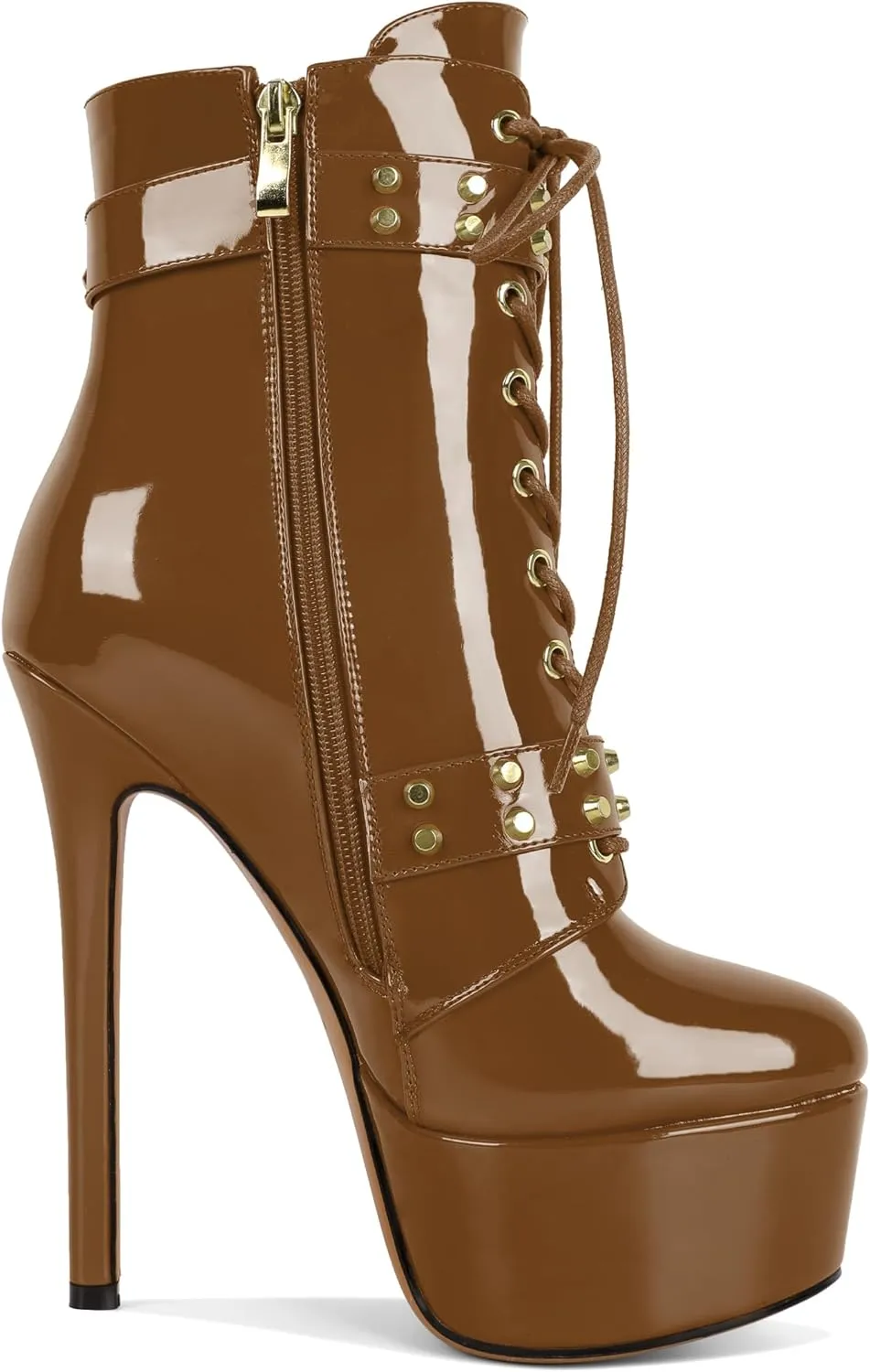 Womens Stiletto High Heel Platform Ankle Boots Round Toe Lace-up Zipper Mid Calf Buckle Patent Leather 6 Inch Sexy Booties