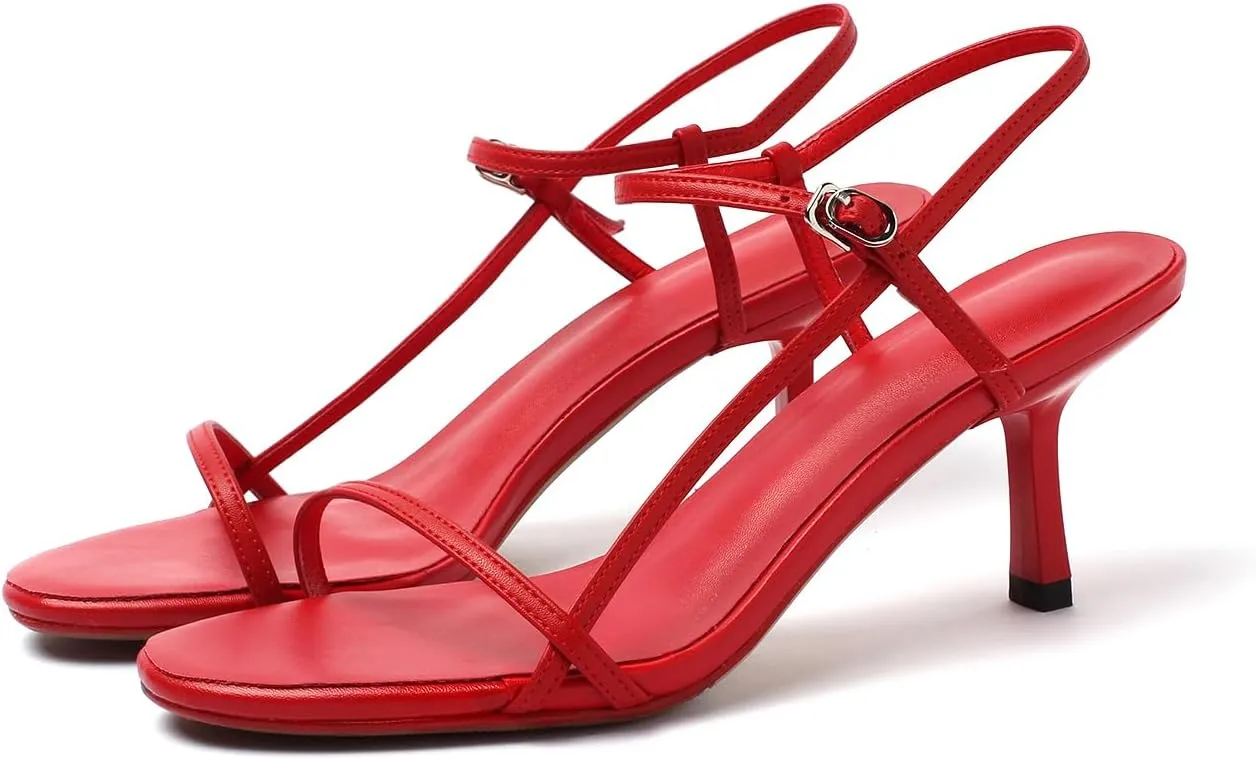 Women's Strappy Sandals Open Toe Ankle Strap Kitten Heels Minimalist Summer Slingback Dress Shoes