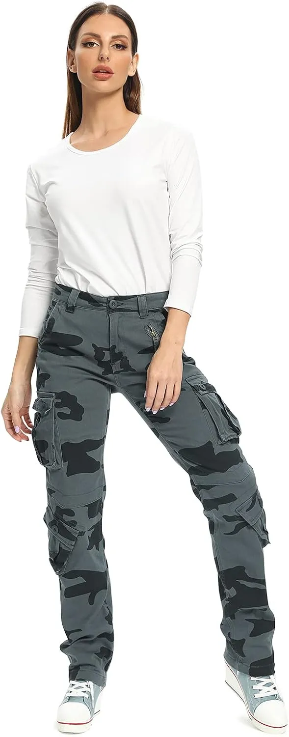 Womens Stretch Casual Cargo Work Pants Camo Combat Tactical Travel Pants with 8 Pockets