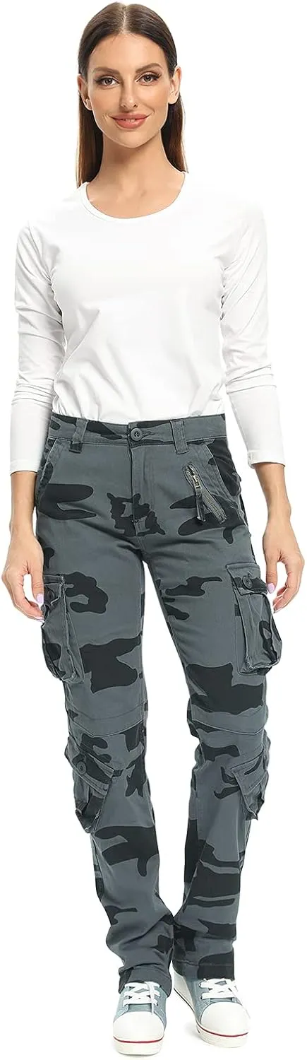 Womens Stretch Casual Cargo Work Pants Camo Combat Tactical Travel Pants with 8 Pockets