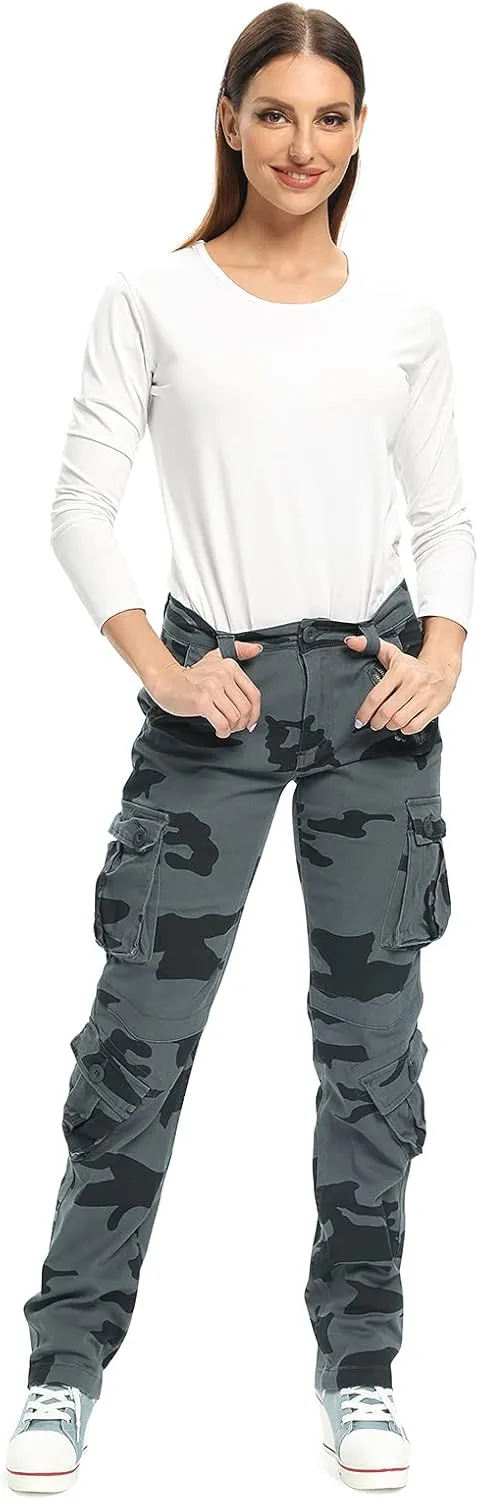 Womens Stretch Casual Cargo Work Pants Camo Combat Tactical Travel Pants with 8 Pockets