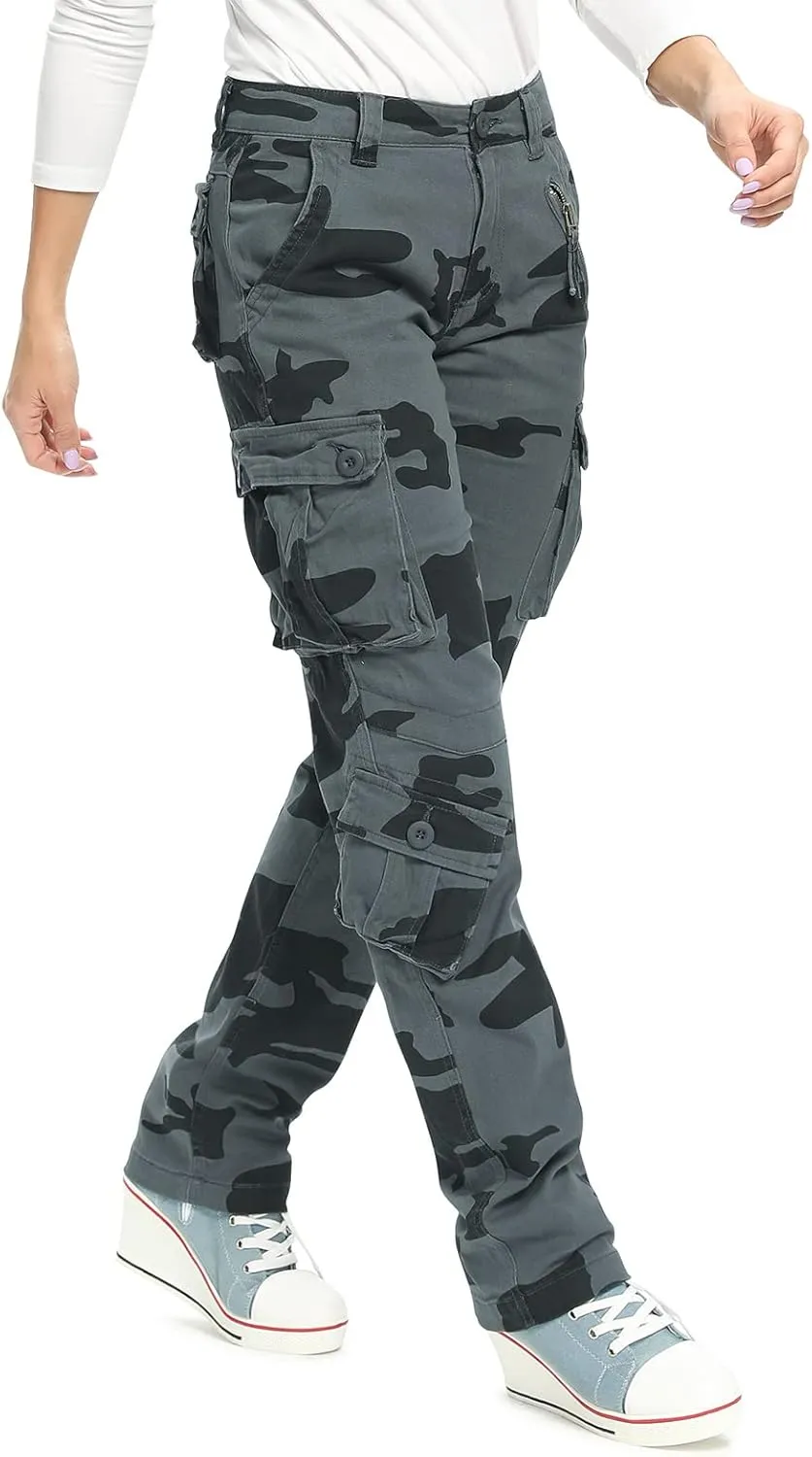 Womens Stretch Casual Cargo Work Pants Camo Combat Tactical Travel Pants with 8 Pockets