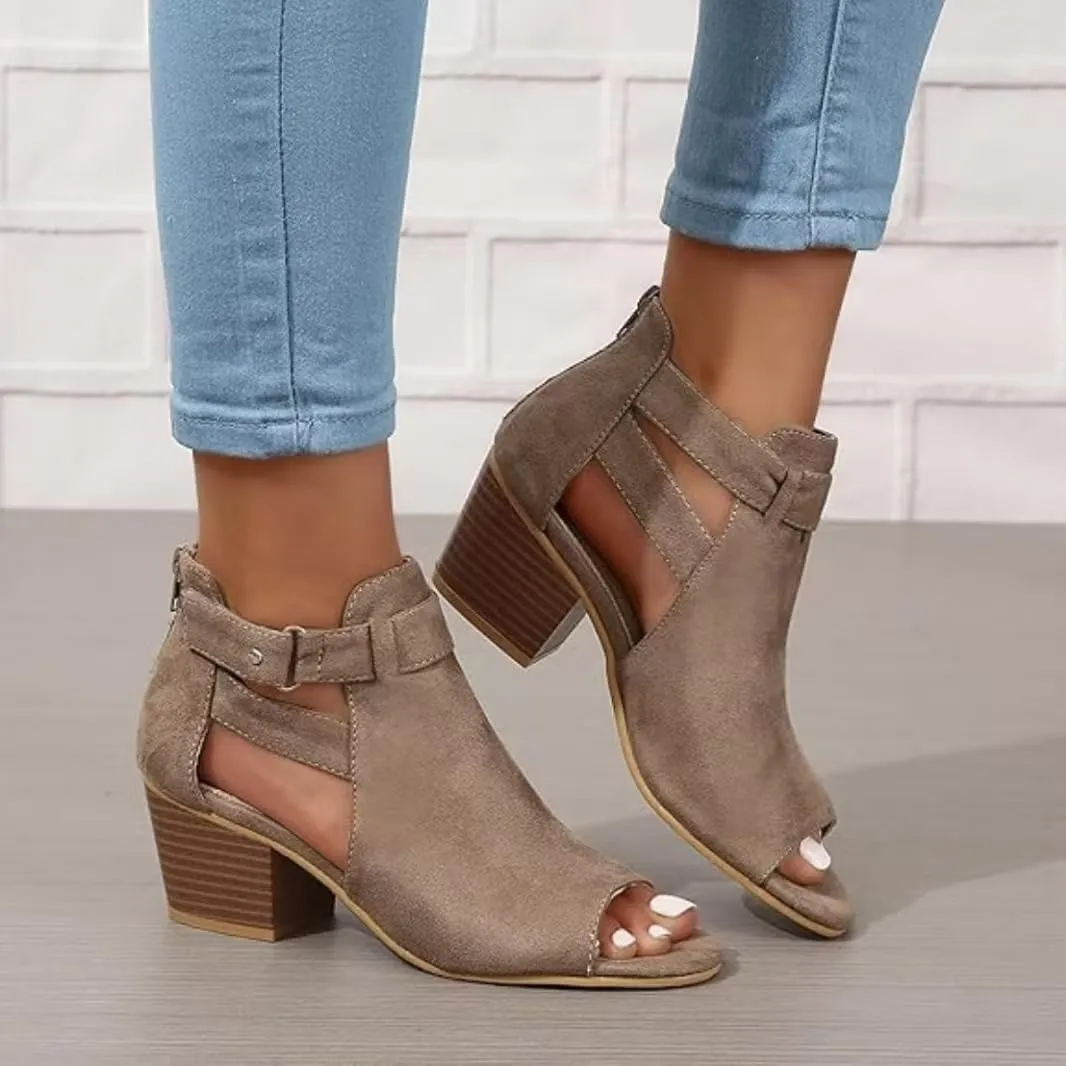Womens Suede Peep Toe Chunky Heels Ankle Booties with Ankle Strap Cutout Wedge Back Zipper Sandals Dress Walking Boots
