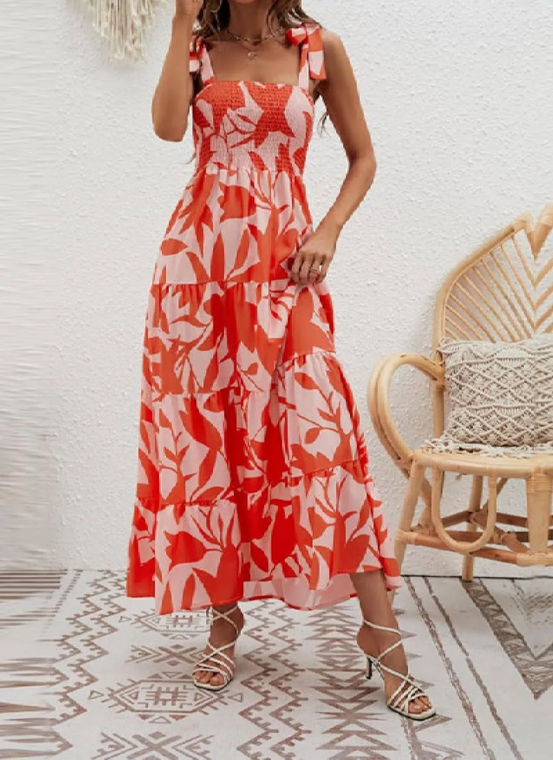 Women's Summer Boho Spaghetti Strap Square Neck Dress Solid Color Ruffle a Line Maxi Dress Beach Vacation Long Dresses