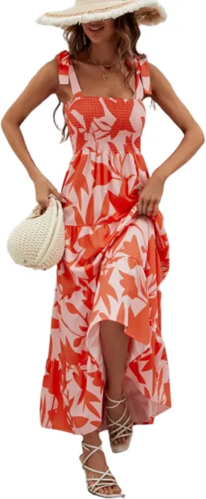 Women's Summer Boho Spaghetti Strap Square Neck Dress Solid Color Ruffle a Line Maxi Dress Beach Vacation Long Dresses