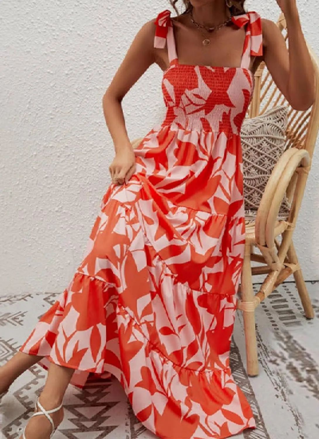 Women's Summer Boho Spaghetti Strap Square Neck Dress Solid Color Ruffle a Line Maxi Dress Beach Vacation Long Dresses