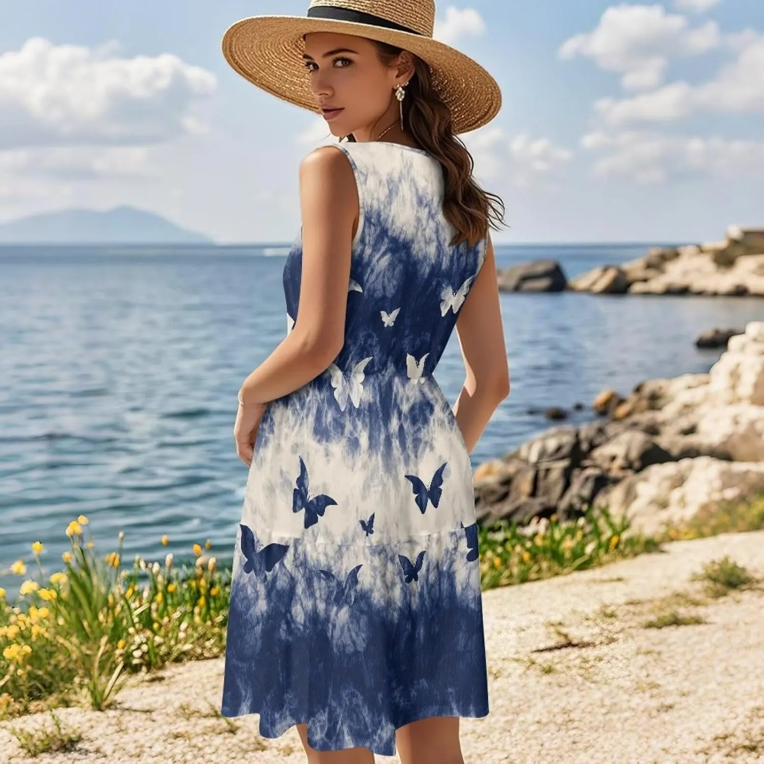 Womens Summer Casual Dress Sleeveless Crew Neck Dresses Flowy Soft Comfortable Tank Midi Dress