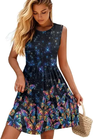 Womens Summer Casual Dress Sleeveless Crew Neck Dresses Flowy Soft Comfortable Tank Midi Dress