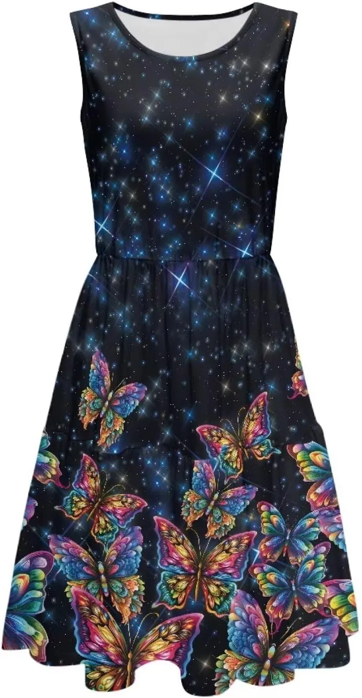 Womens Summer Casual Dress Sleeveless Crew Neck Dresses Flowy Soft Comfortable Tank Midi Dress