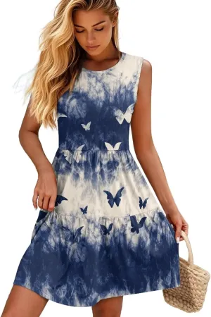 Womens Summer Casual Dress Sleeveless Crew Neck Dresses Flowy Soft Comfortable Tank Midi Dress