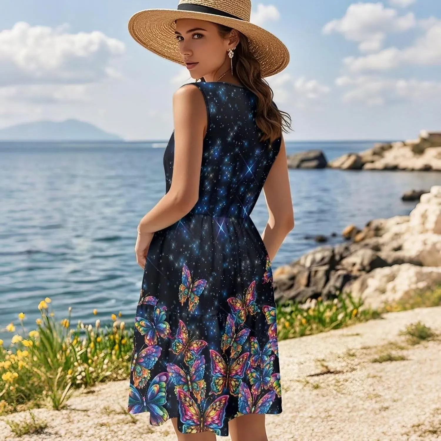 Womens Summer Casual Dress Sleeveless Crew Neck Dresses Flowy Soft Comfortable Tank Midi Dress