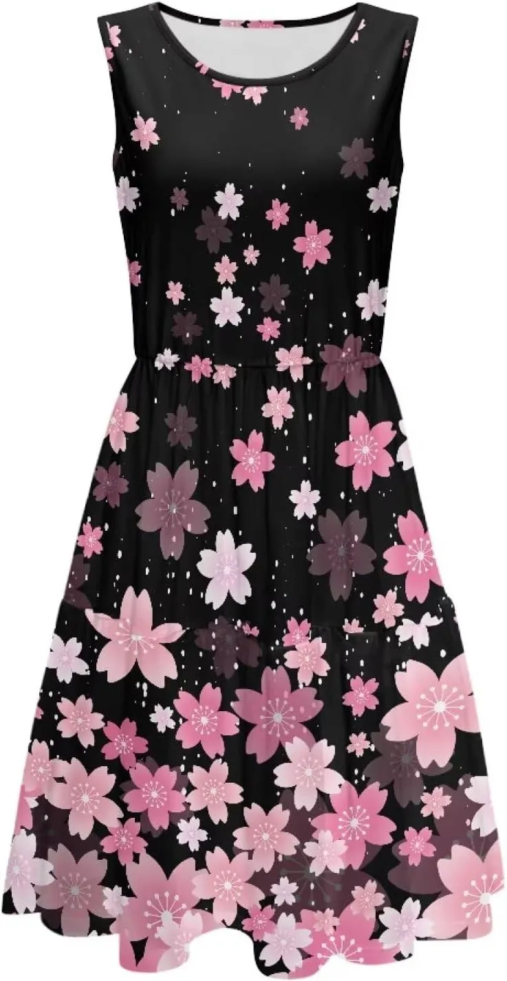 Women's Summer Dress Sleeveless Crew Neck A-Line Tank Dress for Hawaii Vacation Fashion Flowy Skirt