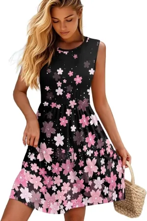 Women's Summer Dress Sleeveless Crew Neck A-Line Tank Dress for Hawaii Vacation Fashion Flowy Skirt