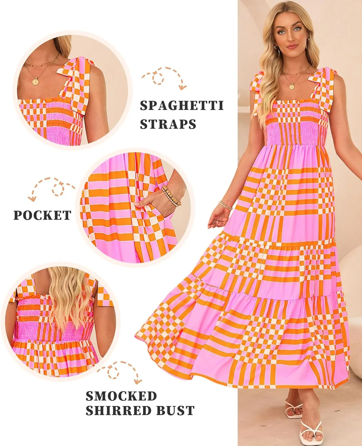 Women's Summer Maxi Dress Boho Spaghetti Straps Casual Long A-line Smocked Beach Dress Square Neck Flowy Sun Dress