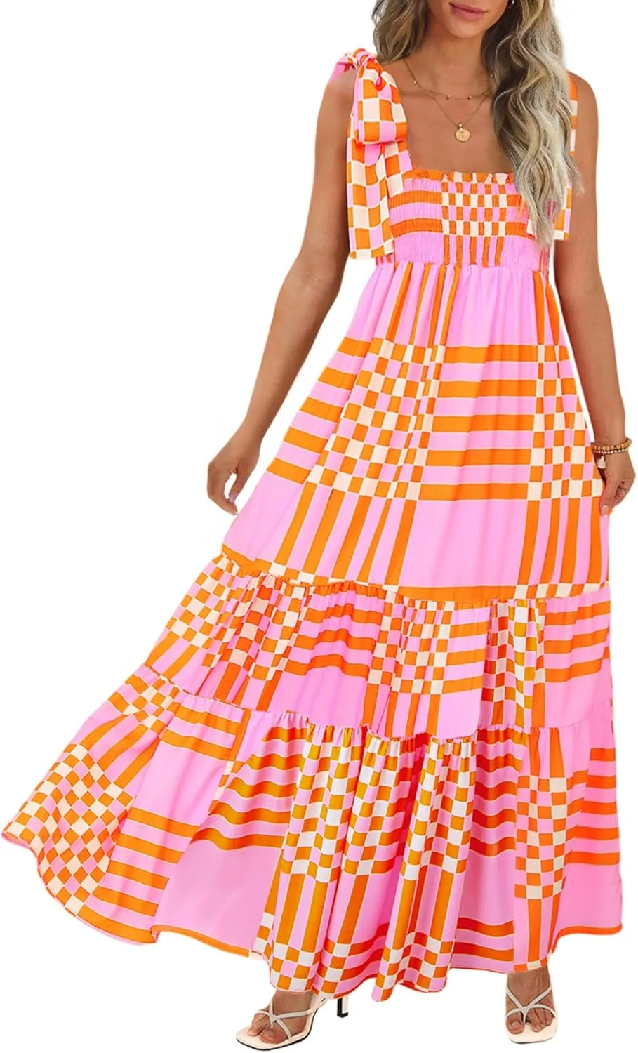 Women's Summer Maxi Dress Boho Spaghetti Straps Casual Long A-line Smocked Beach Dress Square Neck Flowy Sun Dress