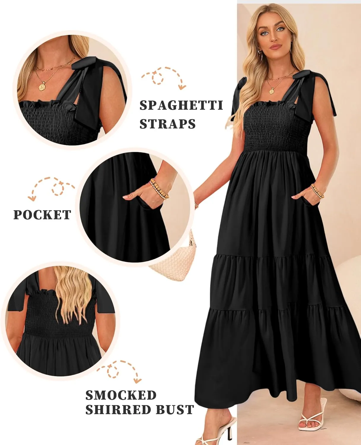 Women's Summer Maxi Dress Boho Spaghetti Straps Casual Long A-line Smocked Beach Dress Square Neck Flowy Sun Dress