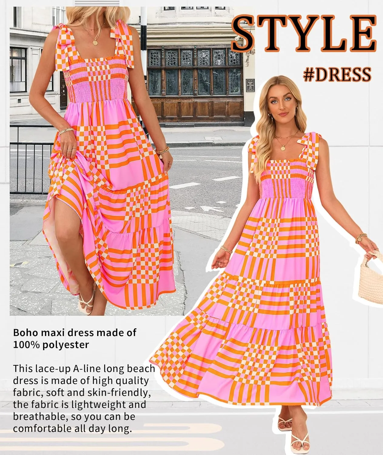 Women's Summer Maxi Dress Boho Spaghetti Straps Casual Long A-line Smocked Beach Dress Square Neck Flowy Sun Dress