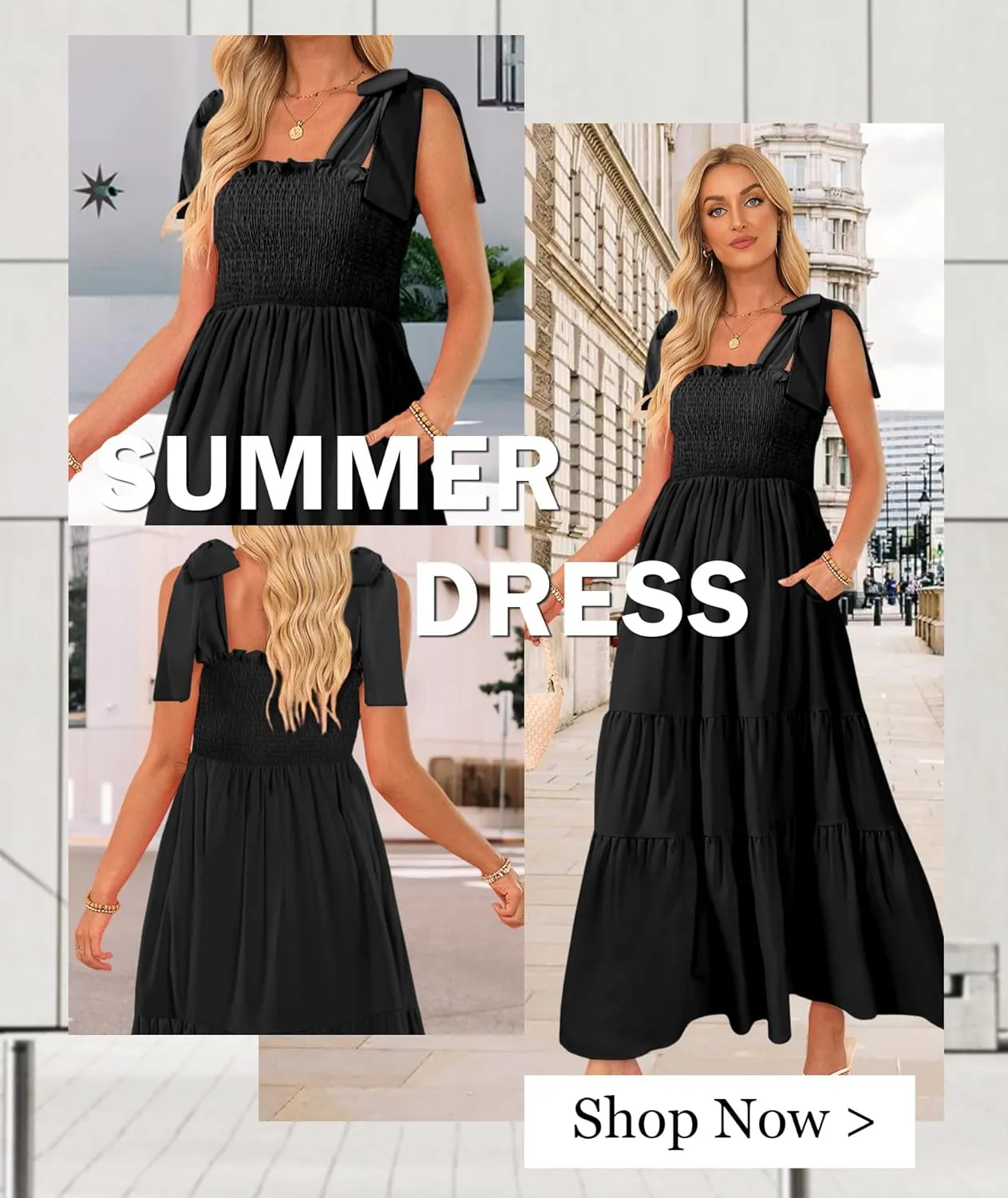 Women's Summer Maxi Dress Boho Spaghetti Straps Casual Long A-line Smocked Beach Dress Square Neck Flowy Sun Dress