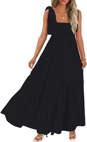 Women's Summer Maxi Dress Boho Spaghetti Straps Casual Long A-line Smocked Beach Dress Square Neck Flowy Sun Dress