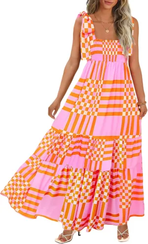 Women's Summer Maxi Dress Boho Spaghetti Straps Casual Long A-line Smocked Beach Dress Square Neck Flowy Sun Dress