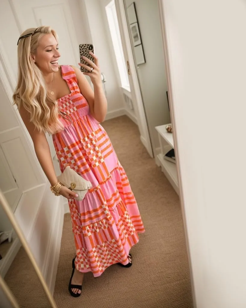 Women's Summer Maxi Dress Boho Spaghetti Straps Casual Long A-line Smocked Beach Dress Square Neck Flowy Sun Dress