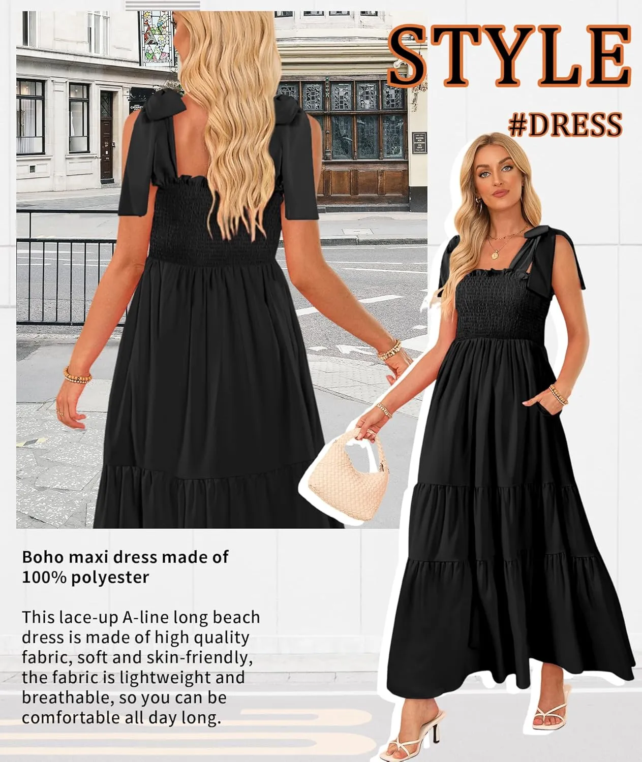 Women's Summer Maxi Dress Boho Spaghetti Straps Casual Long A-line Smocked Beach Dress Square Neck Flowy Sun Dress