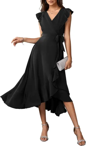 Womens Summer Midi Dress V Neck Ruffle Sleeve A Line Flowy Beach Party Cockatil Formal Dresses for Weddding Guest