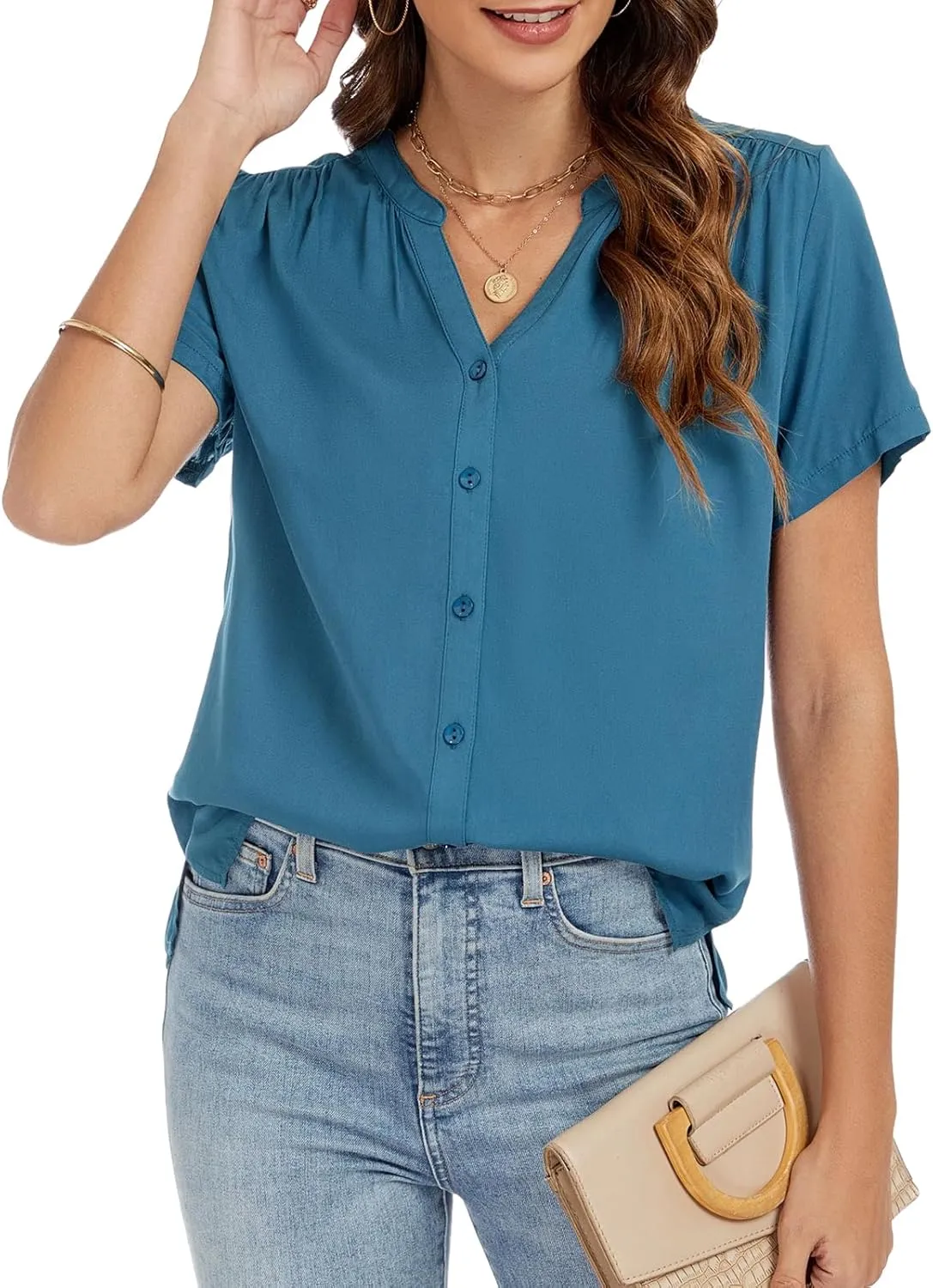 Womens Summer Short Sleeve V Neck Dressy Casual Button Business Work Blouse Tops