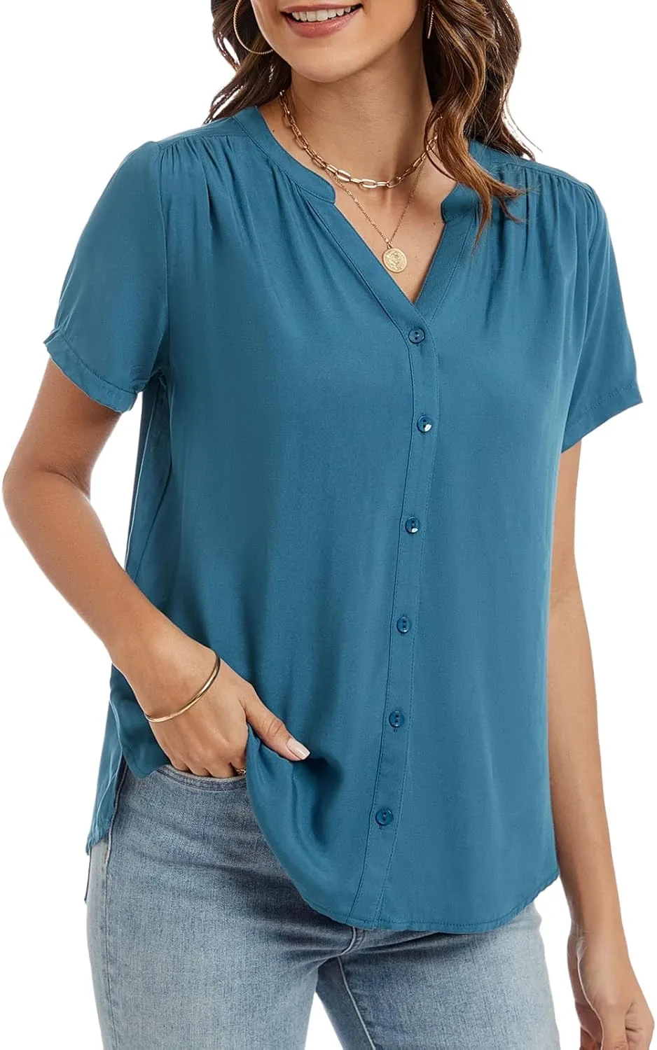 Womens Summer Short Sleeve V Neck Dressy Casual Button Business Work Blouse Tops