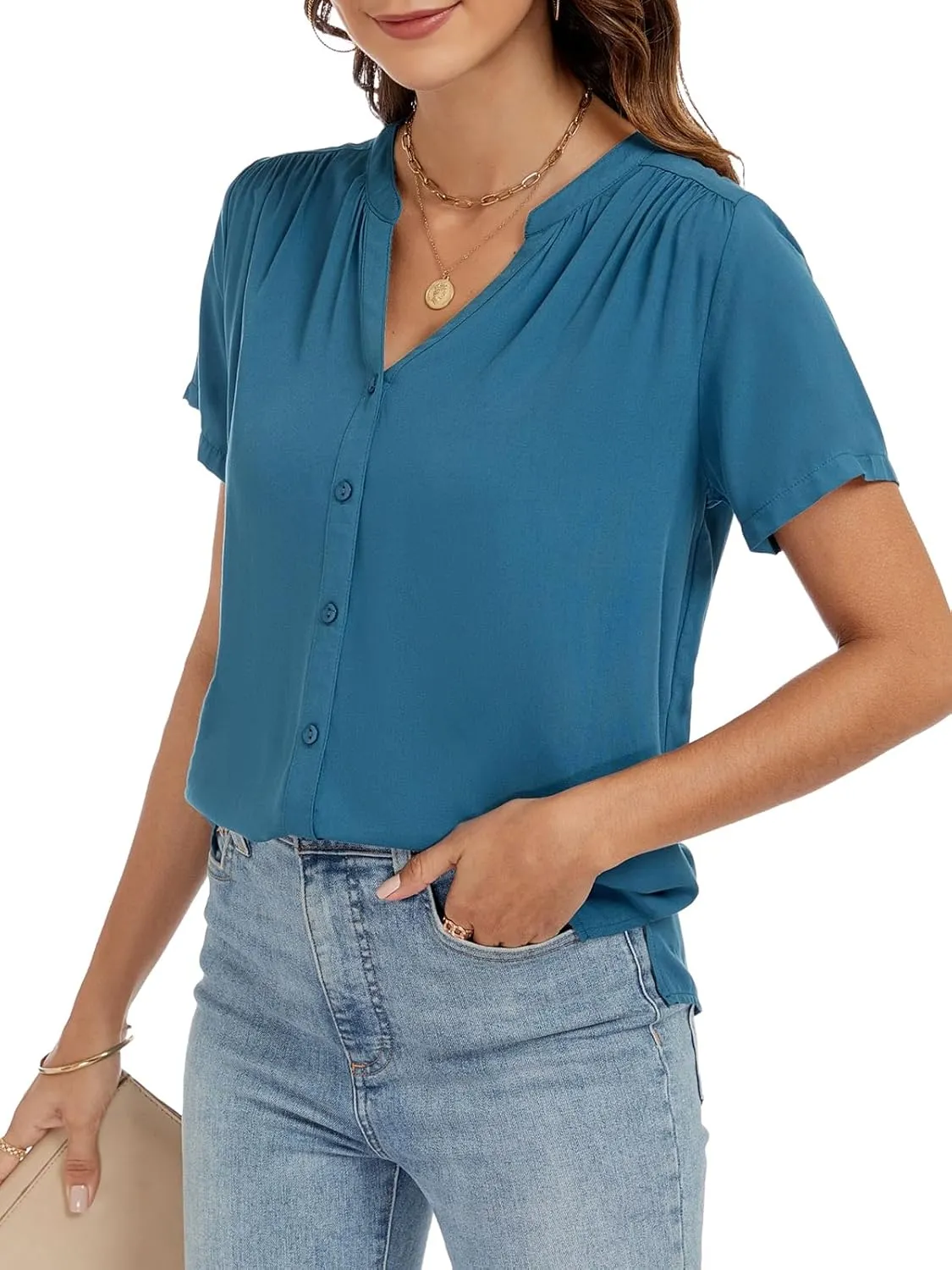 Womens Summer Short Sleeve V Neck Dressy Casual Button Business Work Blouse Tops
