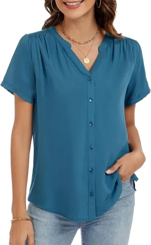 Womens Summer Short Sleeve V Neck Dressy Casual Button Business Work Blouse Tops