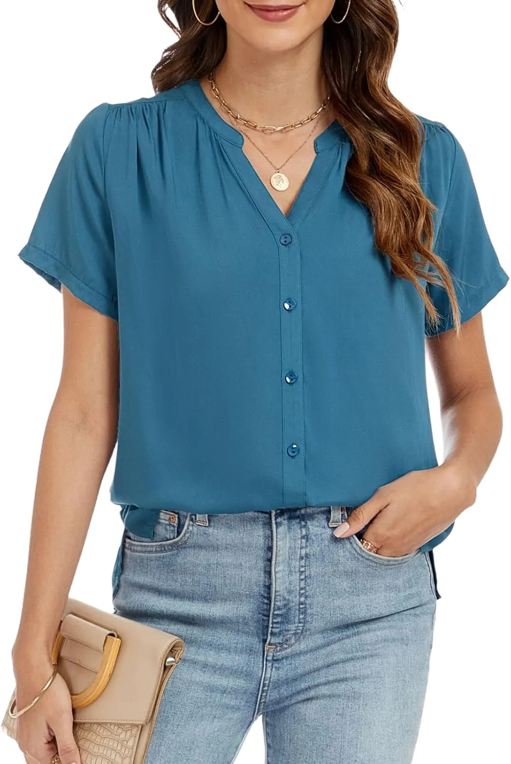 Womens Summer Short Sleeve V Neck Dressy Casual Button Business Work Blouse Tops