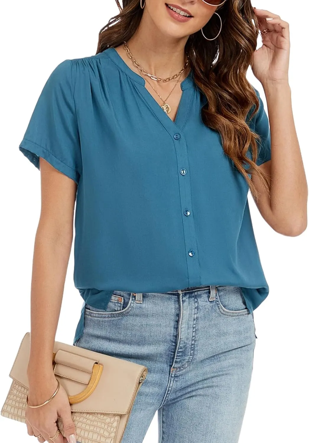 Womens Summer Short Sleeve V Neck Dressy Casual Button Business Work Blouse Tops