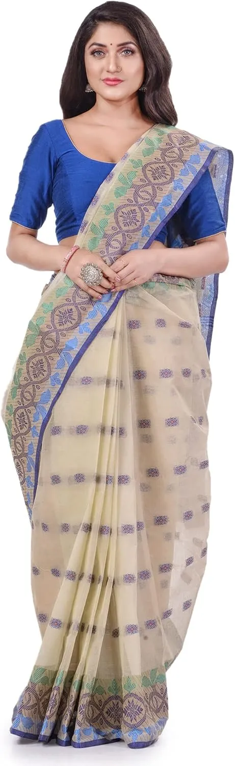 Women`s Traditional Bengal Tant Tri Leaf Woven Design Pure Handloom Cotton Saree Without Blouse Piece 5.6 Mtr