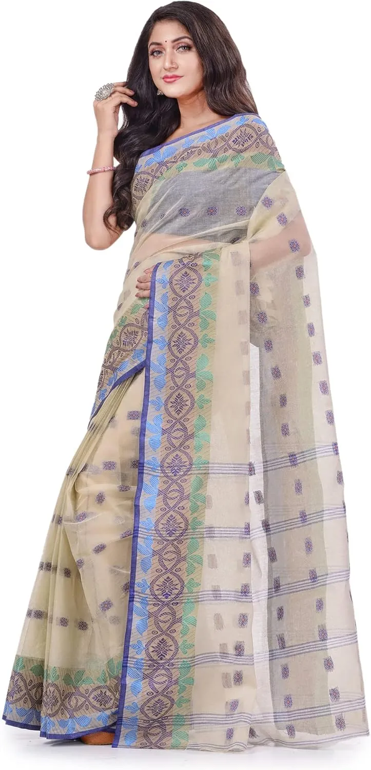 Women`s Traditional Bengal Tant Tri Leaf Woven Design Pure Handloom Cotton Saree Without Blouse Piece 5.6 Mtr