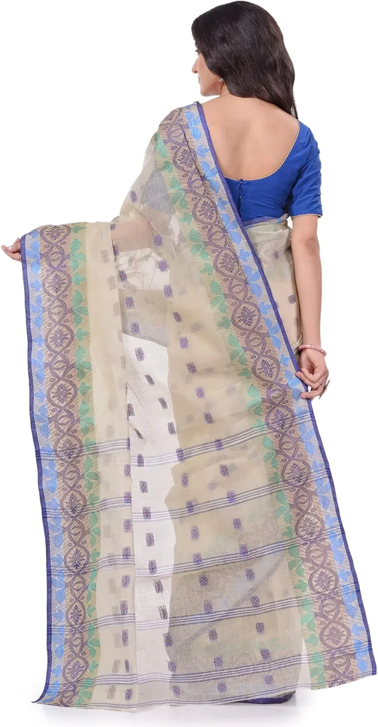 Women`s Traditional Bengal Tant Tri Leaf Woven Design Pure Handloom Cotton Saree Without Blouse Piece 5.6 Mtr